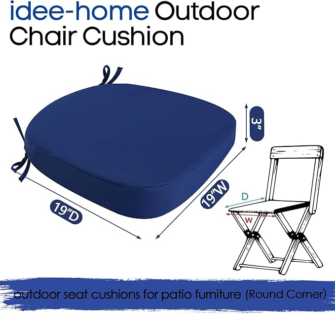 idee-home Outdoor Chair Cushions Set of 4, 19" x 19" x 3" Thick D-Shaped Patio Furniture Outdoor Seat Cushions Waterproof with Ties, Dining Pads