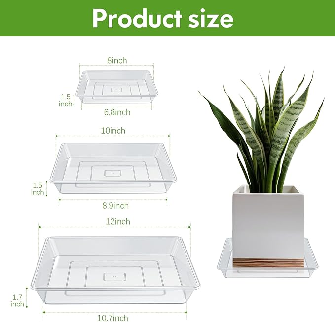 6 Pack Square Clear Plant Saucer 8 10 12 Inch, Durable Thick Plant Pot Dish for Flower Pot, Plastic Plant Tray to Catch Water for Indoor Outdoor
