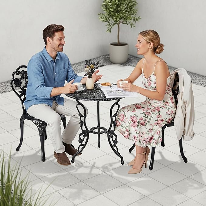 Outvita Patio Table and Chairs Set, Cast Aluminum Outdoor Cafe Table and Chairs Set of 3, Stability Patio Bistro Sets with Umbrella Hole for Garden, Patio, Balcony, Rose Pattern Black