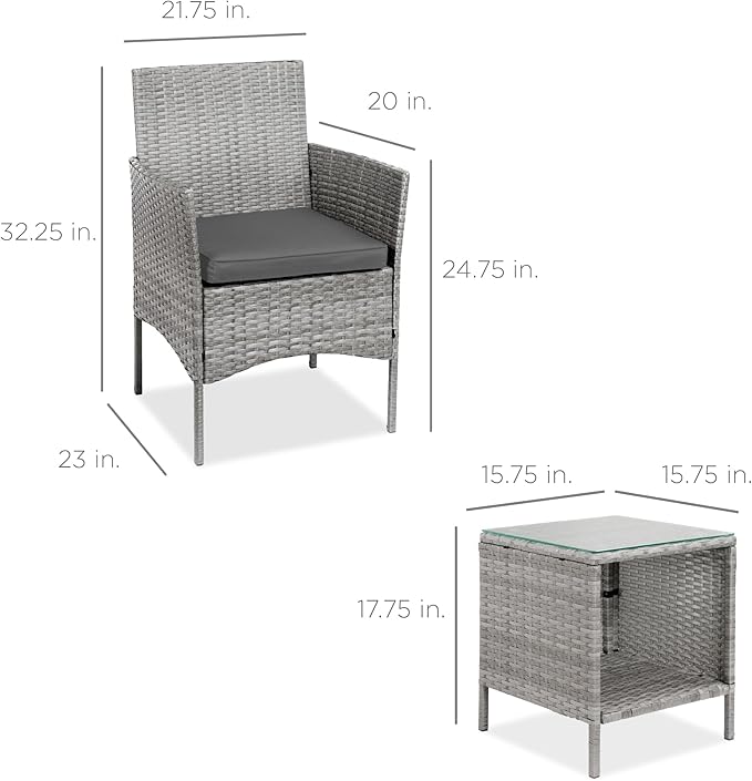 Best Choice Products 3-Piece Outdoor Wicker Conversation Bistro Set, Space Saving Patio Furniture for Garden w/Side Table - Gray/Gray