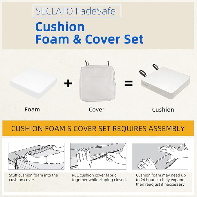 Patio Chair Cushions 24x24x4 Inch, Waterproof Outdoor Seat Cushions with Adjustable Straps & Handle, Thick High-Density Foam, Fade-Resistant, Machine Washable, 2 Pack Light Grey