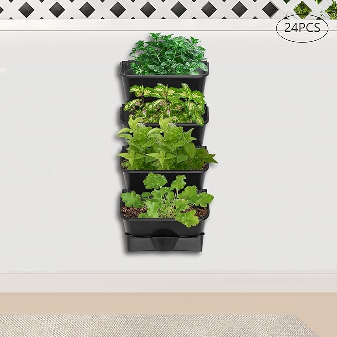 Vertical Wall Planter with 24 Pots, Hanging Garden Plant Flowerpot Holder, Stackable Wall-Mounted Planter, Balcony Planters for Flowers Vegetables Fruits (Black, 24 Pots+6 Drainage Planters&Pipe)