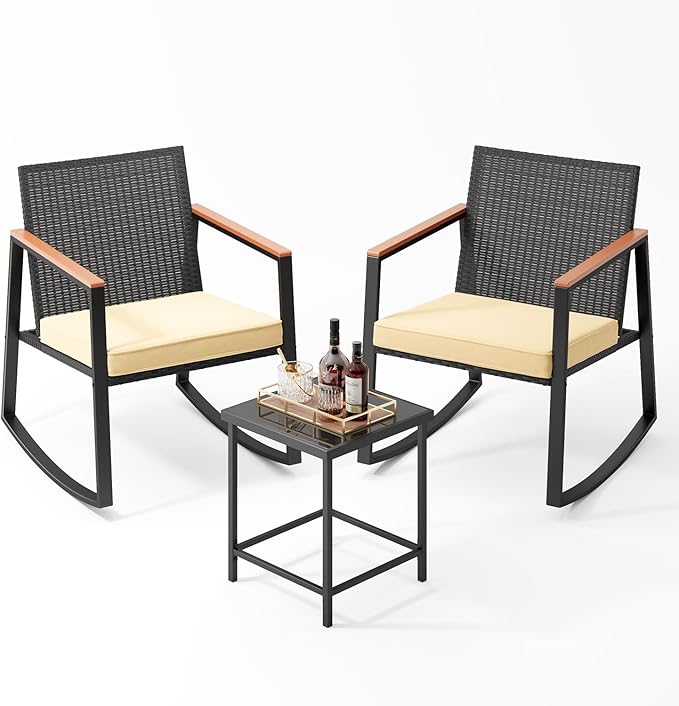 Bealife 3 Piece Patio Set with Cooling Wooden Armrests, Outdoor Rocking Chairs Set of 2 with Glass Table and Cushions, Wicker Patio Bistro Set for Garden, Yard, Balcony, Porch (Beige)