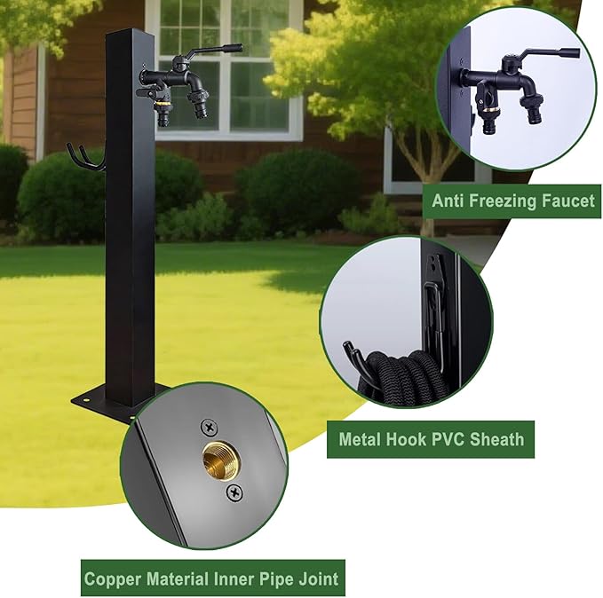 Outdoor Vertical Garden Water Column, Square Freestanding Hose Stand with 2 in 1 Double Brass Faucet, Freeze Proof Vertical Water Hydrant for Exterior Patio Backyard and Lawn