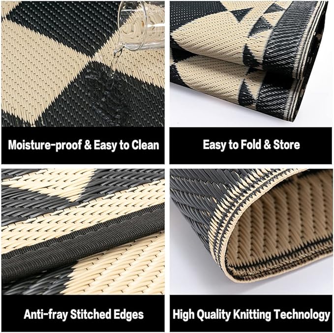 HUGEAR Outdoor Waterproof Rug 10'x14' Plastic Straw Rugs Washable Reversible Floor Mat Beige Plaid Carpet for Camping RV Deck Entryance Porch Picnic Balcony Beach Backyard