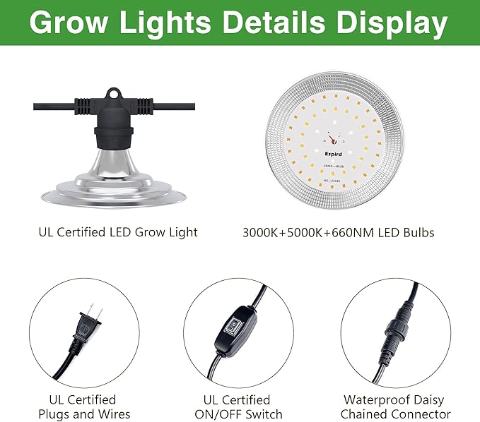 Espird Outdoor Grow Lighs,22FT Waterproof String Grow Light,Full Spectrum Grow Light Strip, Outdoor Grow Light for Veg Seedling Flower in Greenhouse, Garden, Backyard, Farm (6-Light)