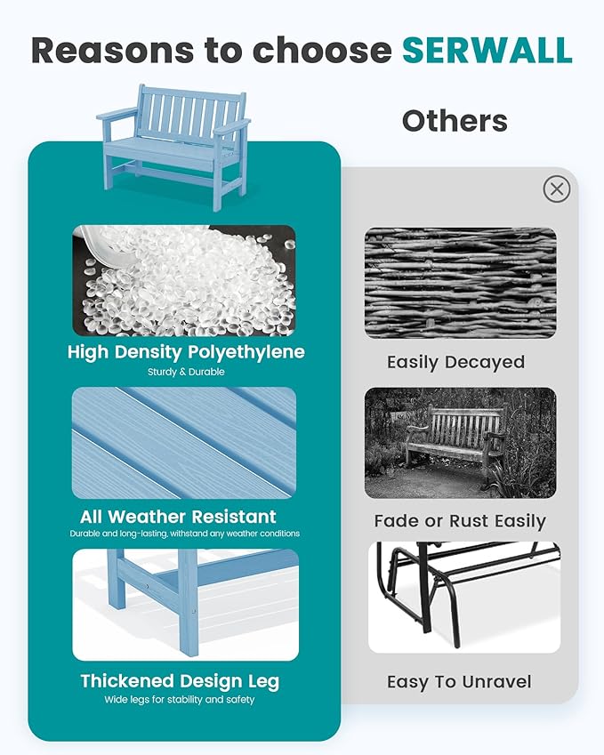 SERWALL Outdoor Bench, HDPE Outdoor Benches Weatherproof, 2-Person Garden Bench with 660 lbs Weight Capacity, Patio Benches for Outdoors, Garden, Porch, Backyard and Park, Light Blue, 4 Pack