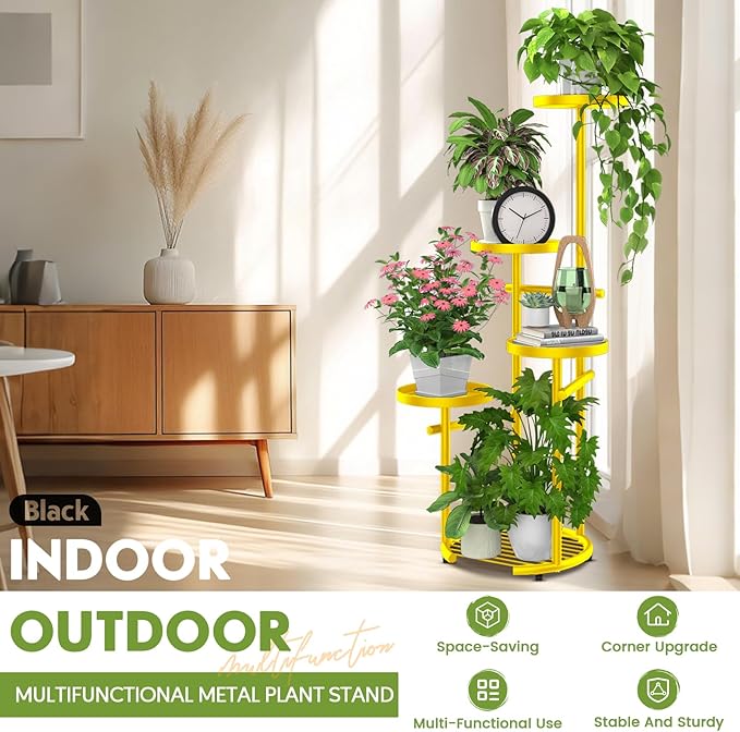 TOSKING 5 Tier Metal Plant Stand Indoor, Plant Shelf, Corner Shelf Flower Pot Stand for Outdoor Plant Stand for Living Room Balcony Garden Patio Bedroom (yellow, 38in)