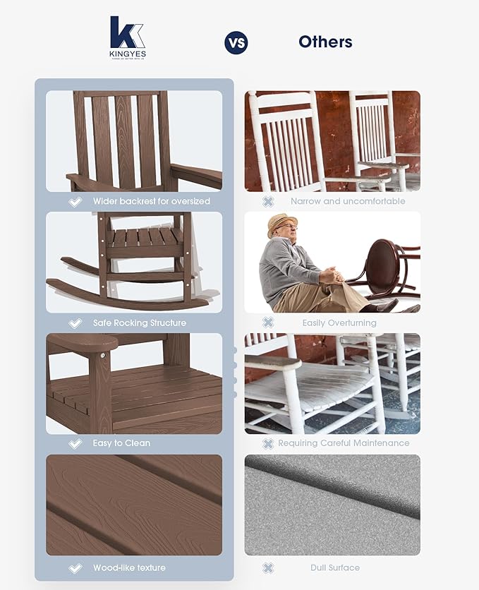 KINGYES Outdoor Rocking Chair, All-Weather Patio Rocking Chairs for Porch, HDPE Rocking Outdoor Chairs with High Back for Adult, Heavy Duty Outdoor Patio Rockers for Garden, Lawn, Brown