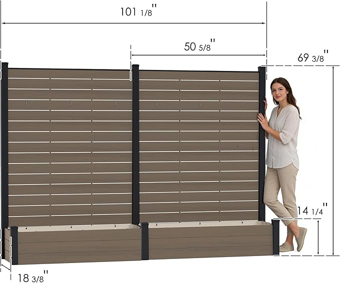 Kozyard 2Pack Privacy Screen with Planter, 70" H x 51" W Outdoor Garden Screen, Waterproof Aluminum Frame with Thick Wood-Plastic Boards, Decorative Privacy Screen for Patio, Balcony & Backyard Beige