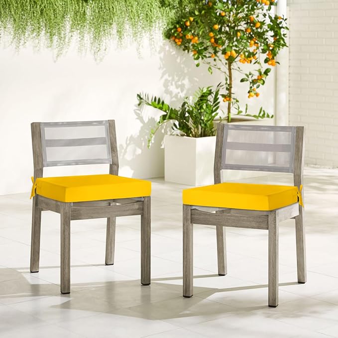 downluxe Waterproof Outdoor Chair Cushions for Patio Furniture, 18" x 18" x 2" Patio Chair Cushion with Adjustable Ties & Portable Handle, Square Outdoor Cushion with Removable Cover, Yellow, 2 Pack