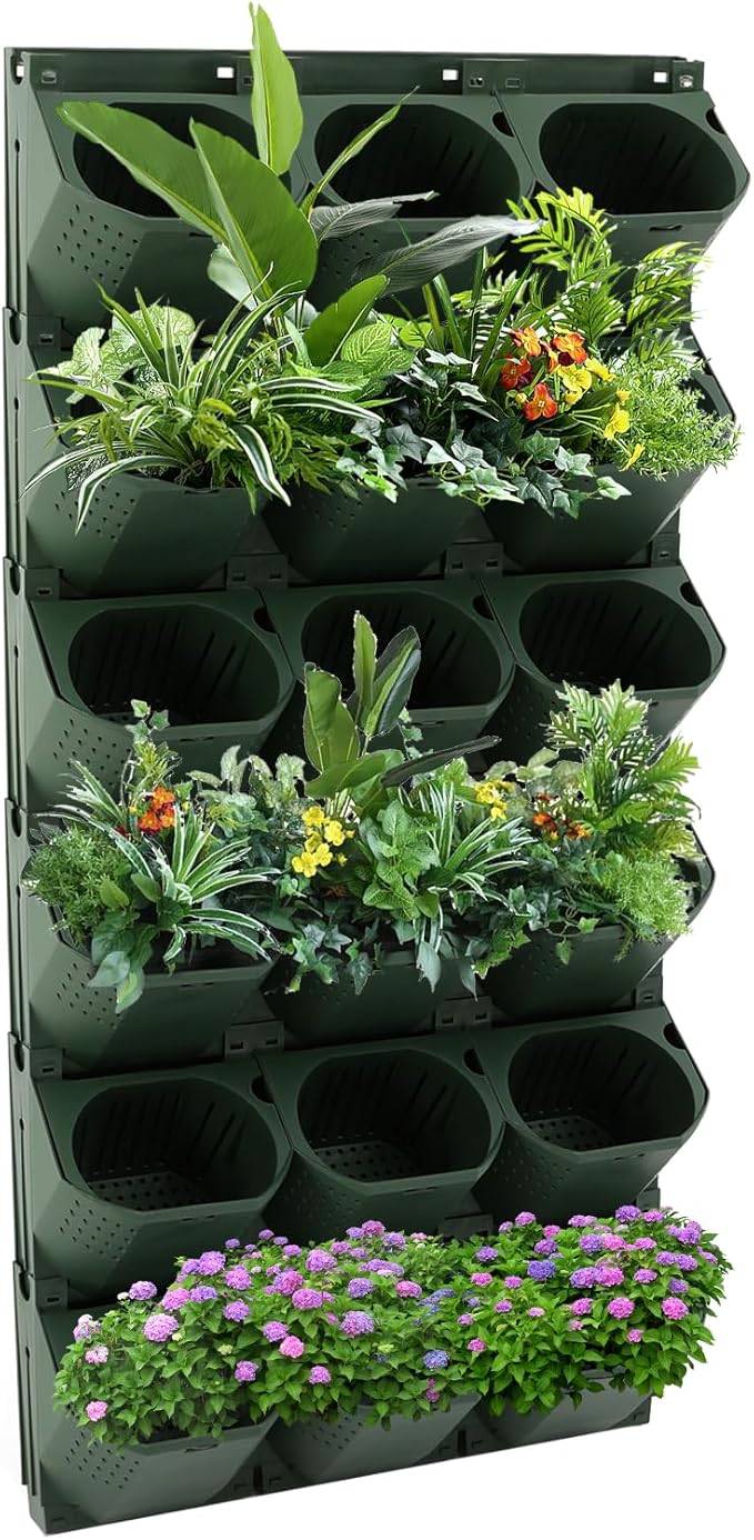 36 Pockets Vertical Wall Planter, Wall Mounted Flower Pot Holder with 180LB Capacity,10.56 oz Self Watering Pots & 36 Non-Woven Bags for Indoor Outdoor Herbs,Flowers,Strawberries (Army Green)