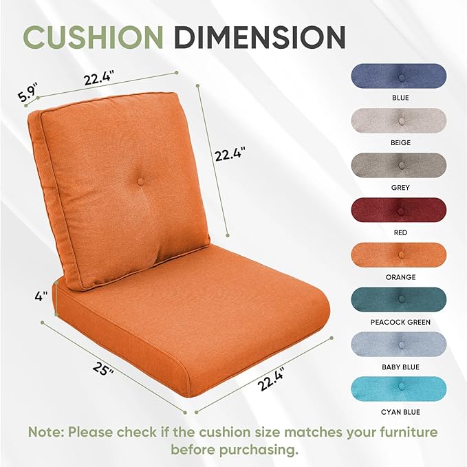 Outdoor Chair Cushion Set of 2, Water-repellent Outdoor Seat Cushions 25x22 , Patio Chair Cushions for Outdoor Furniture, Couch Cushion Replacement, Include 2 Back & 2 Seat Cushions, Button/Orange