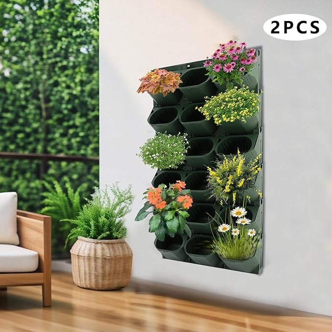 Eapmic Vertical Wall Planter with 36 Pots, Hanging Garden Plant Flowerpot Holder, Stackable Wall-Mounted Planter, Balcony Planters for Flowers Vegetables Fruits (Army Green, 36 Pots)