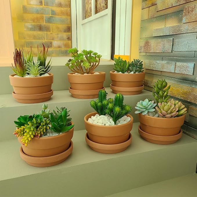 Yishang 5 Inch Shallow Terracotta Clay pots with Drain Hole,Ceramic Plant pots for Indoor/Outdoor Plants,Unglazed Bonsai Planter with Saucer/Tray for Cacuts/Succulent Plants