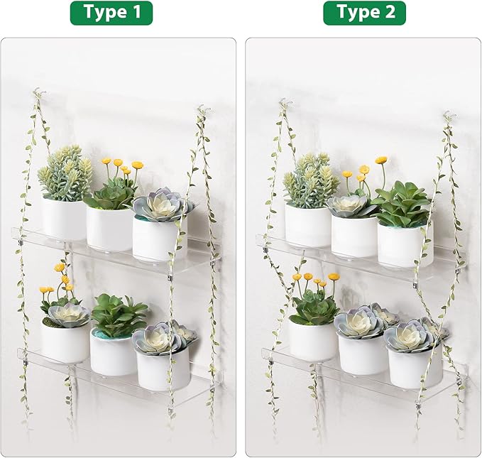 Sumerflos Acrylic Window Boxes Window Plant Shelves 2 Tier - Clear Hanging Shelf Indoor Jute Twine Adjustable Plant Holder for Window Wall Living Room Balcony Natural