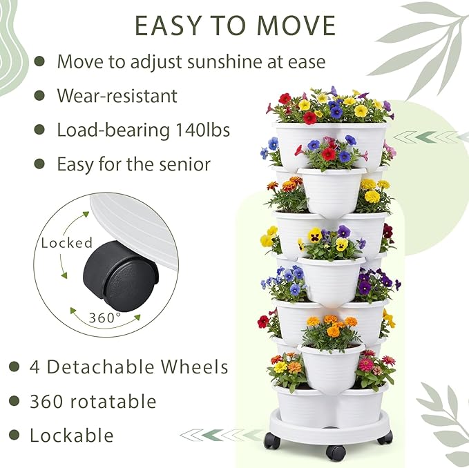 Umigy 2 Set of 7 Tier Stackable Vertical Planters with Removable Wheels and Tools Tower Planters Strawberry Herb Flower Vegetable Pots Indoor Outdoor Gardening Pots(White)