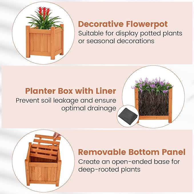 Giantex 2-in-1 Outdoor Bench with 2 Raised Garden Beds, Wood with Teak Oil Finish, Garden Bench Seat with Planter Boxes for Porch Balcony Lawn Yard, DIY Assembly, Orange