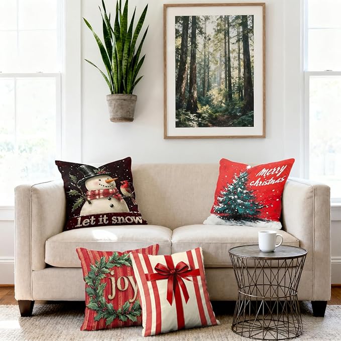Christmas Vintage Pillow Covers 18x18 inch Set of 4, Snowman Tree Wreath Gift Red Art Cushion Case Outdoor Sofa Throw Pillows Cover Garden Pillow Covers for Couch Living Room Bed Indoors Home Decor