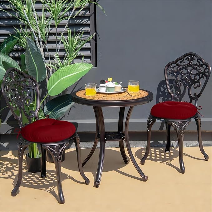 downluxe Bistro Chair Cushions for Patio Furniture, Water-Resistant Round Outdoor Chair Cushions Set of 2 with Non-Slip Ties, 15" x 15", Burgundy