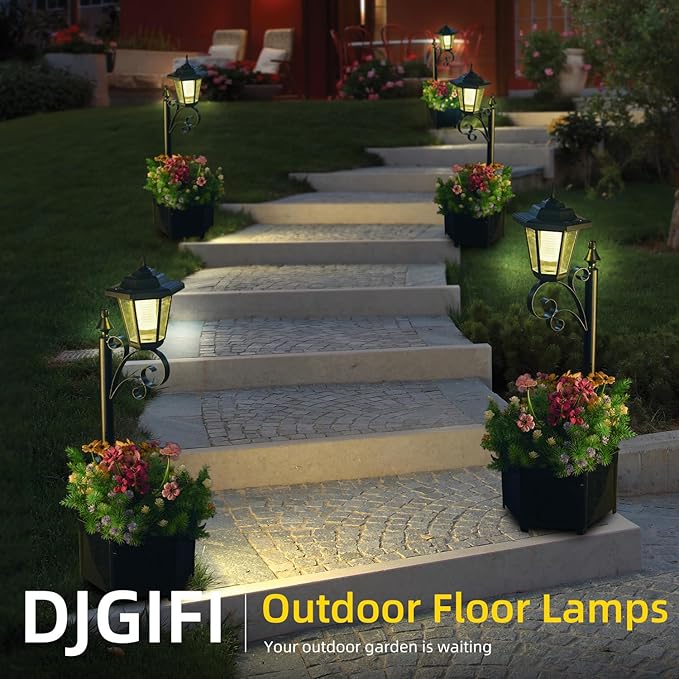 2 Pack Solar Floor Lamps with Planter (2-in-1 Design), 29.5" Outdoor LED Garden Lights - IP44 Waterproof, Warm White Auto-On at Dusk, Easy Install for Lawn, Patio, Porch, Yard & Pathway Decor