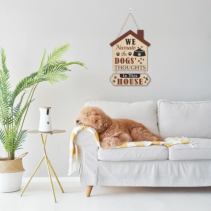 HLNIUC Funny Dog Door Sign,In This House We Narrate The Dogs’ Thought Wall Decor,Rustic Dog House Hanging Decoration for Front Door,Dogs Welcome People Tolerated Plaque for Pet Lovers Porch Decor