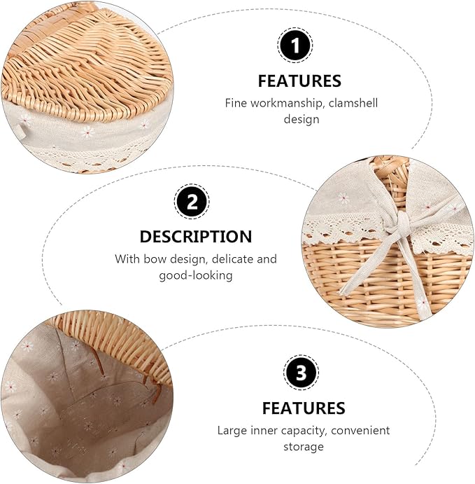 Sosoport Woven Rattan Picnic Basket with Lid and Handle, 1pcs Tote Storage Basket for Fruit and Vegetable Holder, Rustic Outdoor Picnic Accessory for Home and Garden