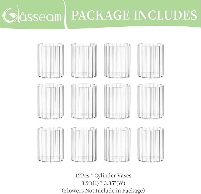 Glasseam Glass Cylinder Vases for Centerpieces: 12pcs Clear Ribbed Flower Vases for Pillar Candle - 4 Inch Modern Hurricane Floating Candle Holder for Wedding Table Centerpieces Living Room Home Decor
