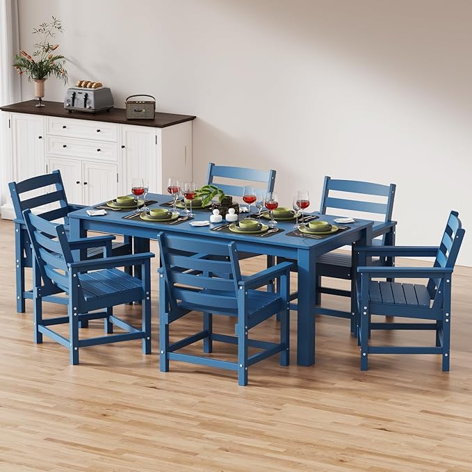 Outdoor HDPE Dining Table Set 7-Piece, All-Weather Outdoor Table and Chairs with Umbrella Hole Cut-Out, Patio Furniture for Garden, Backyard, Deck (Blue)