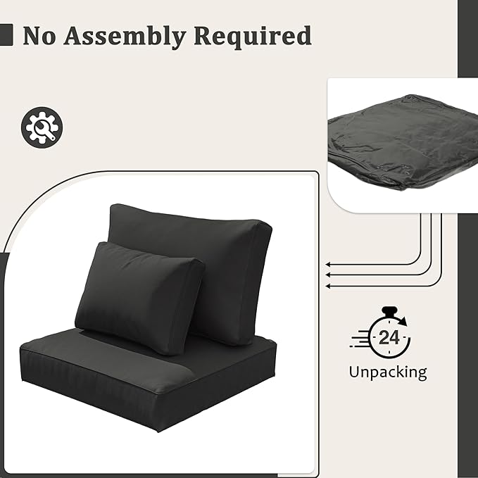 8-Piece Outdoor Cushions for Patio Furniture Thick Outdoor Chair Cushions Resilient Foam Waterproof Deep Seat Cushion Replacement for 3-Seat Sectional Sets Liner&Cover Black