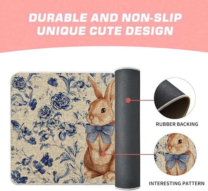 Artoid Mode Rabbit Bunny Blue Porcelain Flowers Bow Easter Doormat, Home Decor Low-Profile Switch Rug Door Mat Floor Mat for Indoor Outdoor 17x29 Inch
