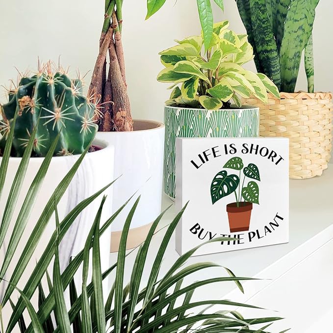 Plant Lover Desk Wooden Box Sign Decor, Life Is Short Buy, Plant Garden Decor Home Office Desk Decoration Gardening Gardener Planter Gifts for Women Men Mom Teens Kids