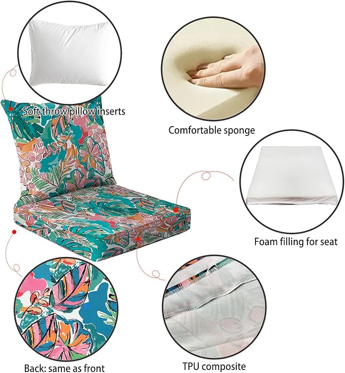All Smiles Waterproof Outdoor Seat Cushions for Patio Furniture Set of 19x19 Inch for Replacement Cushions with Removable Cover for Chair Yard Garden Deck,Pink and Teal