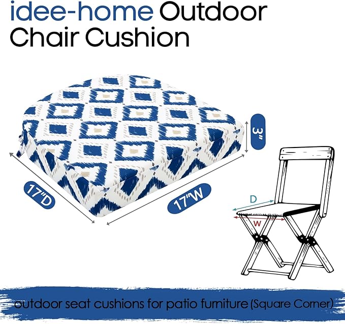 idee-home Outdoor Chair Cushions Set of 4, Thick 17" x 17" x 3" Outdoor Seat Cushions Patio Furniture Waterproof with Ties, Dining Pads