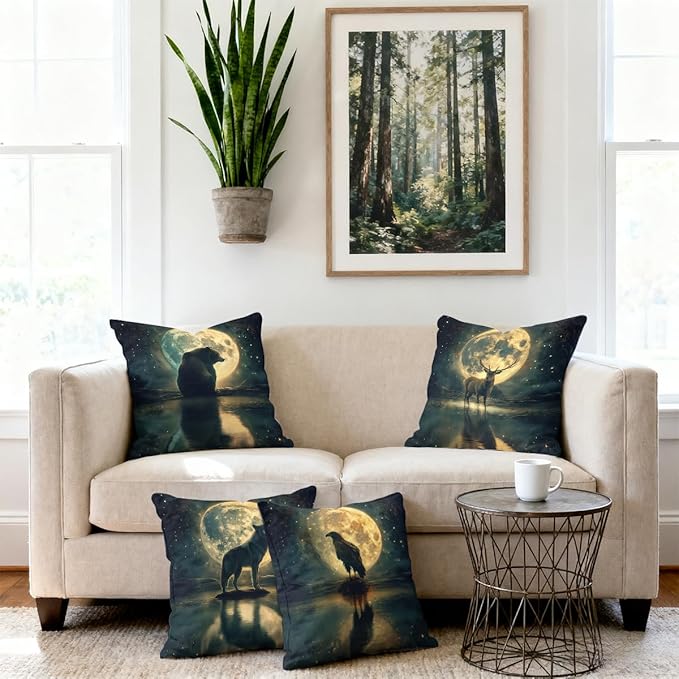 Moon Pillow Covers 18x18 inch Set of 4, Eagle Full Moon Reflection Wildlife Night Sky Throw Pillow Covers Cushion Case for Home Farmhouse Couch Sofa Bed Indoor Outdoor Decor
