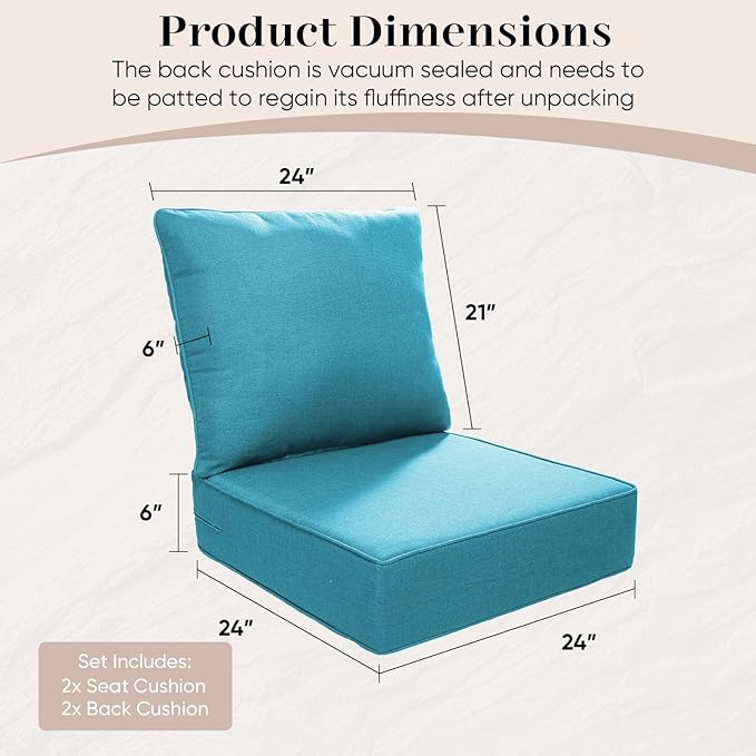 Outdoor Seat Cushion Set-24 x 24 x 6 Inch Outdoor Chair Cushions Set of 2 with Water Resistant & Removable Cover Outdoor Cushions for Patio Furniture Chair Sofa Couch-Light Blue