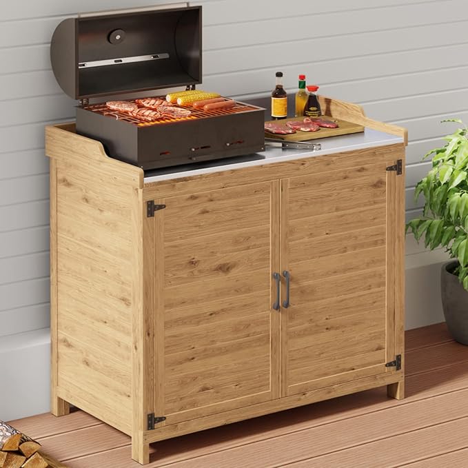 Gizoon Outdoor Potting Bench with Metal Tabletop, Outdoor Garden Patio Wooden Storage Cabinet with Adjustable Shelf, Double Doors Garden Work Bench for Backyard, Patio, Lawn - Natural