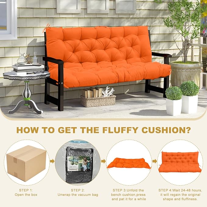 60" Porch Swing Cushion with Backrest, Waterproof Outdoor Bench Swing Cushions 3 Seater Replacement Thickened Swing Cushions with Ties for Patio Garden Backyard,Orange,60x40in