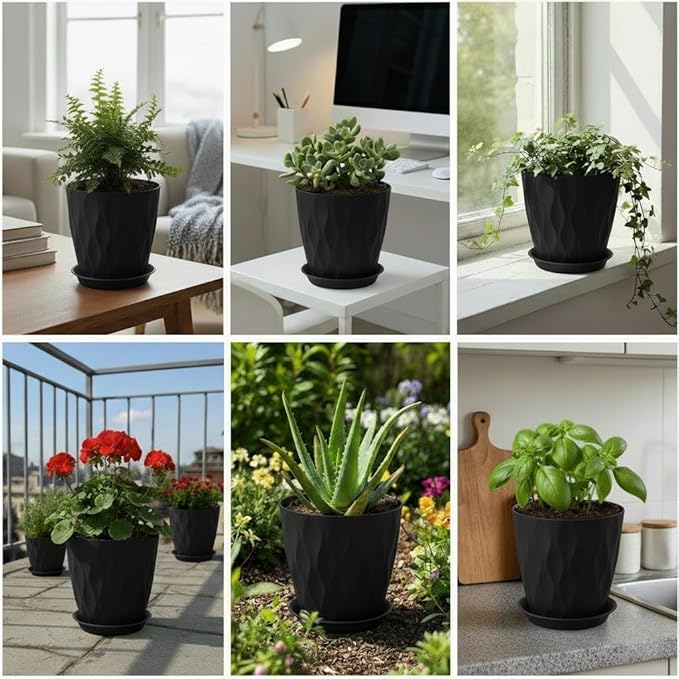 Plant Pots 8 Inch, 6 Pack Plastic Flower Pots for Indoor & Outdoor Plants, Planters with Drainage Holes and Saucer, Garden Pot for Plants(Black)