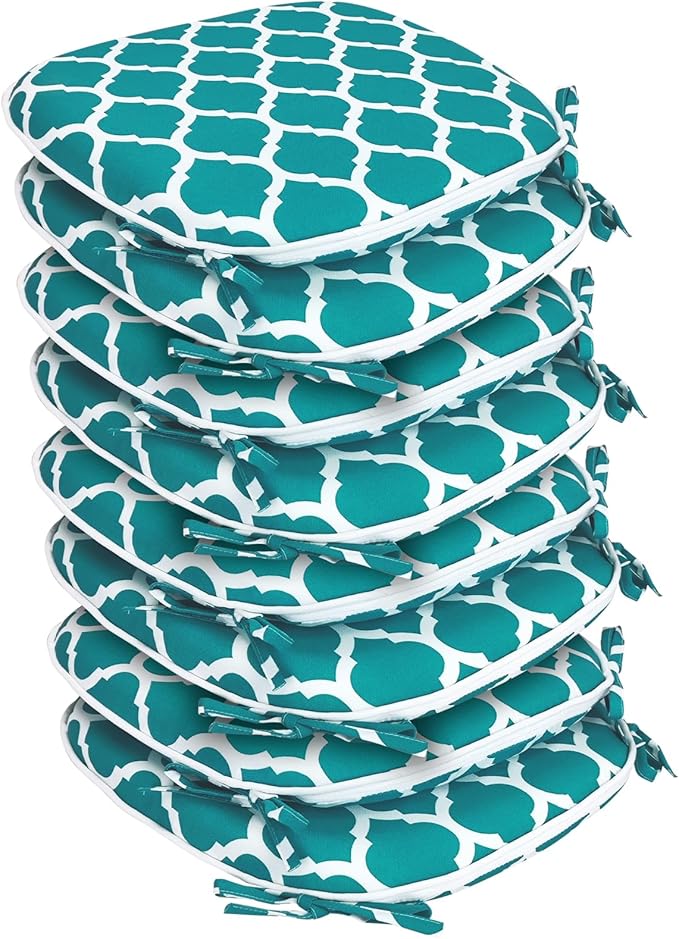 SleepMan Outdoor 17"x16" Chair Cushions with Ties Set of 8, Water Resistant All Weather U-Shape Seat Pads for Patio Garden Furniture Indoor Fade Resistant Patio Cushions (Aqua Plaid)
