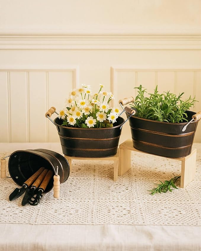 Galvanized Metal Oval Planter Buckets with Handles – Set of 3 Rustic Farmhouse Flower Tubs with Drain Holes & Plugs, Vintage Small Pots for Herbs, Succulents, Wedding or Tabletop Decor (Black)