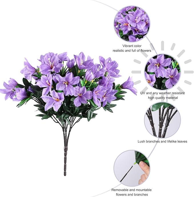 INSPRING Artificial Flowers for Outdoors Spring Summer Decorations, 3 Bundles Fake Azalea Flower Faux Outdoor Plants UV Resistant Realistic Silk Flowers for Outside Planter Patio Garden Walkways Home
