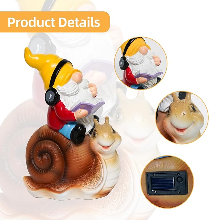 Ferrisland Garden Gnomes Snail Outdoor Figurines with Solar Lights, 10.4 inches Resin Solar Gnomes Decoration Yard Outdoor Garden, Patio Yard Lawn Birthday Housewarming Mother's Day(Gnome on Snail)