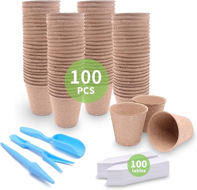 3T GROUP 100 Pack 3.15 Inch Mini Pot for Plants,Small Compostable Planting Pots,Biodegradable Disposable Flower Pots for Vegetables,Fruit with 100 Labels,Tool (100pcs)
