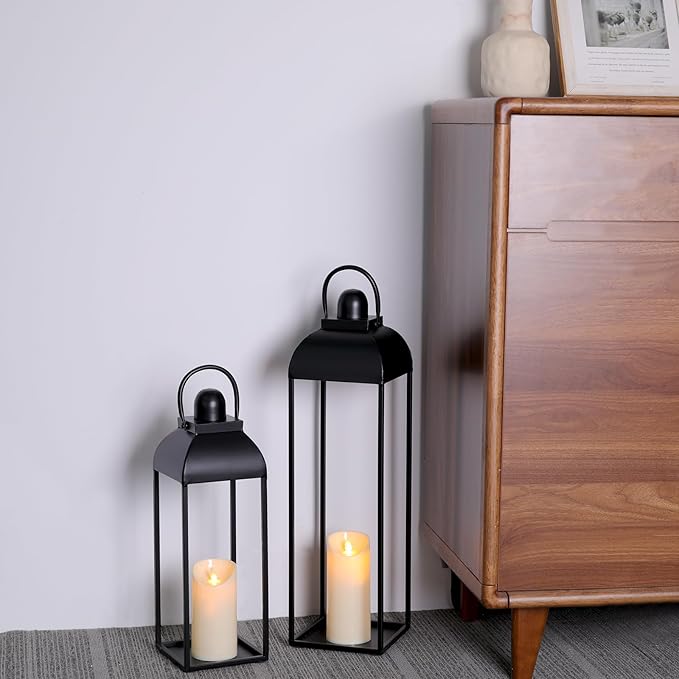 25'' 19'' Lanterns Decorative Outdoor Indoor, Black Metal Outdoor Candle Lanterns, Set of 2 Modern Farmhouse Decorative Lantern for Fireplace, Patio, Porch, Floor, Christmas Lantern (No Glass)