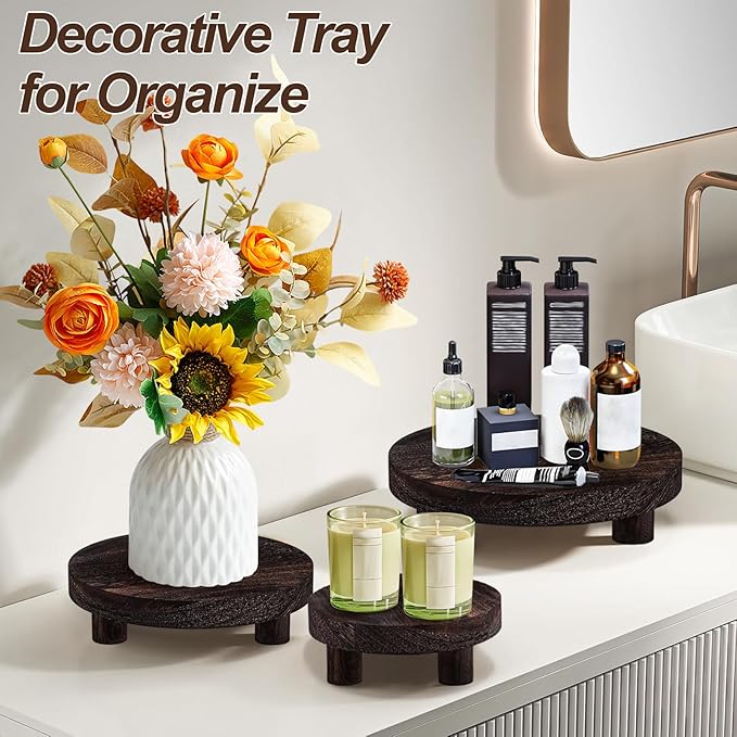 3 Pcs Wood Plant Stand Indoor Outdoor, Wooden Stool Display Stand 5/6/8" Round Riser Flower Pot Holder with Raised Edge Small Planter Tray Modern Potter Decorative for Garden Desktop Home Table Counter Room (Dark Brown)