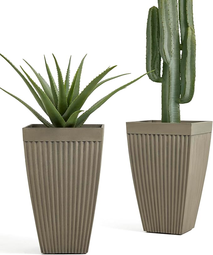 Glitzhome 23" H Tall Planter, Large Planters for Outdoor Plants, Outdoor Planters with Drainage Hole, Faux Concrete Fluted Large Flower Pots for Porch Indoor Patio Garden and Deck, Set of 2