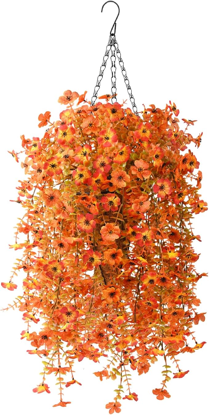 Artificial Fall Fake Flowers for Outdoor, 2 Pcs Fake Mums Faux Hanging Flowers Outdoor Fall Decor, UV Resistant Silk Flower for Front Door Porch Planters Patio Yard Garden(Orange Sunset Red)
