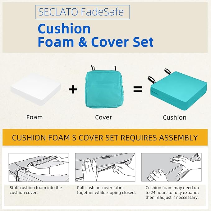 Waterproof Outdoor Seat Cushions 24x24x4 Inch, Patio Chair Cushions with Adjustable Straps & Handle, Fade-Resistant, Machine Washable, 2 Packs Blue