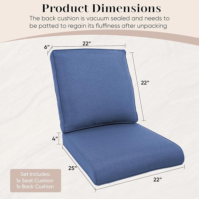 Outdoor Chair Cushions- 22 X 25 Inch High Density Sponge Patio Cushions Deep Seat Patio Furniture Cushions for Chair Sofa Couch-Blue/2 Piece